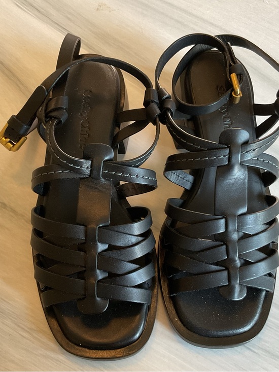 Chloe Shoes - Chloe Black Strappy Leather Gladiator Sandals with Gold Buckle